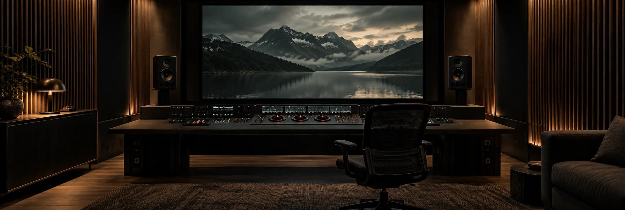 A quiet color grading suite with a cinema display, grading console, and shared workspace.